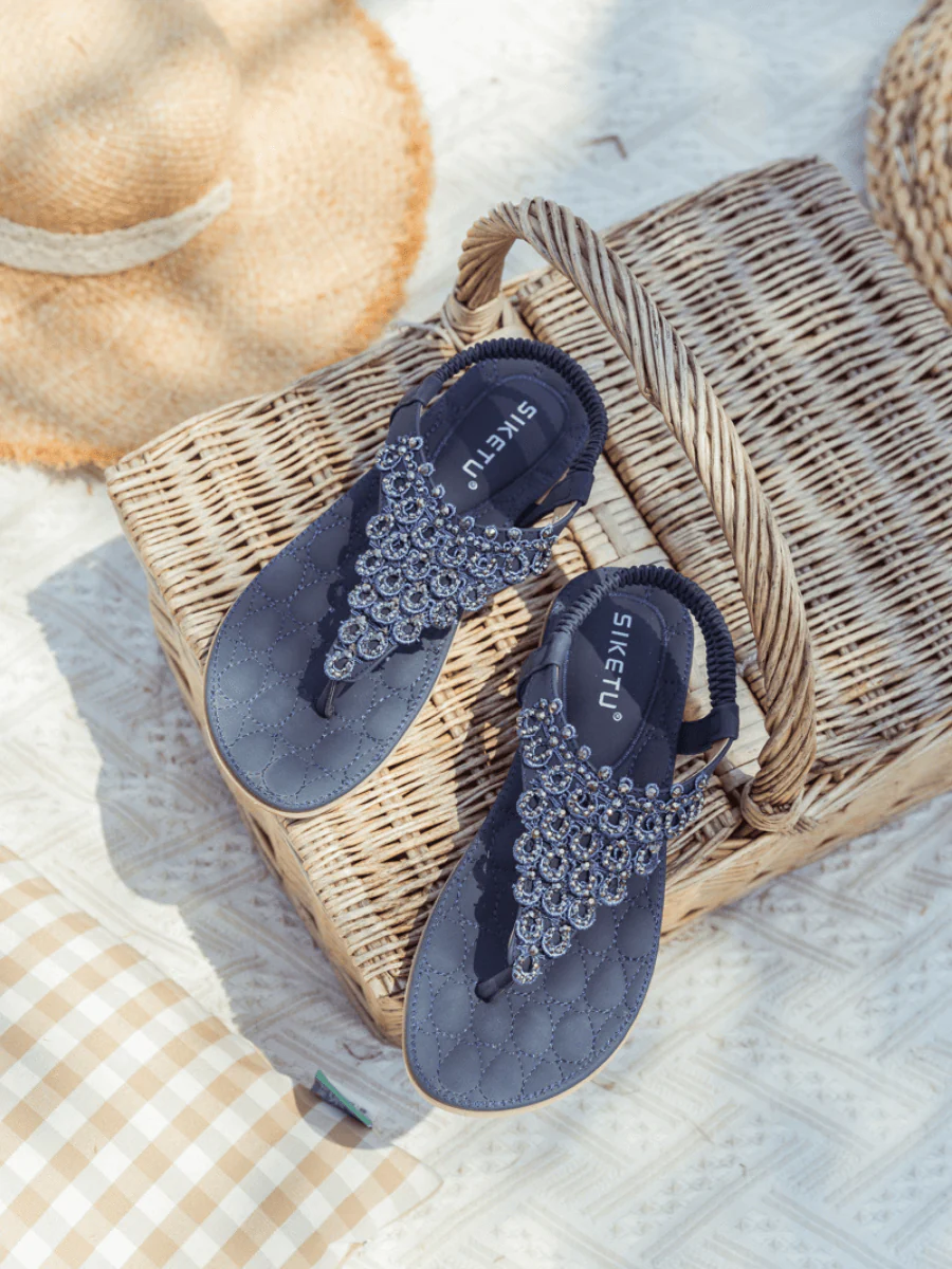 SIKETU | Navy Crystal V-Strap Sandals - Image 9