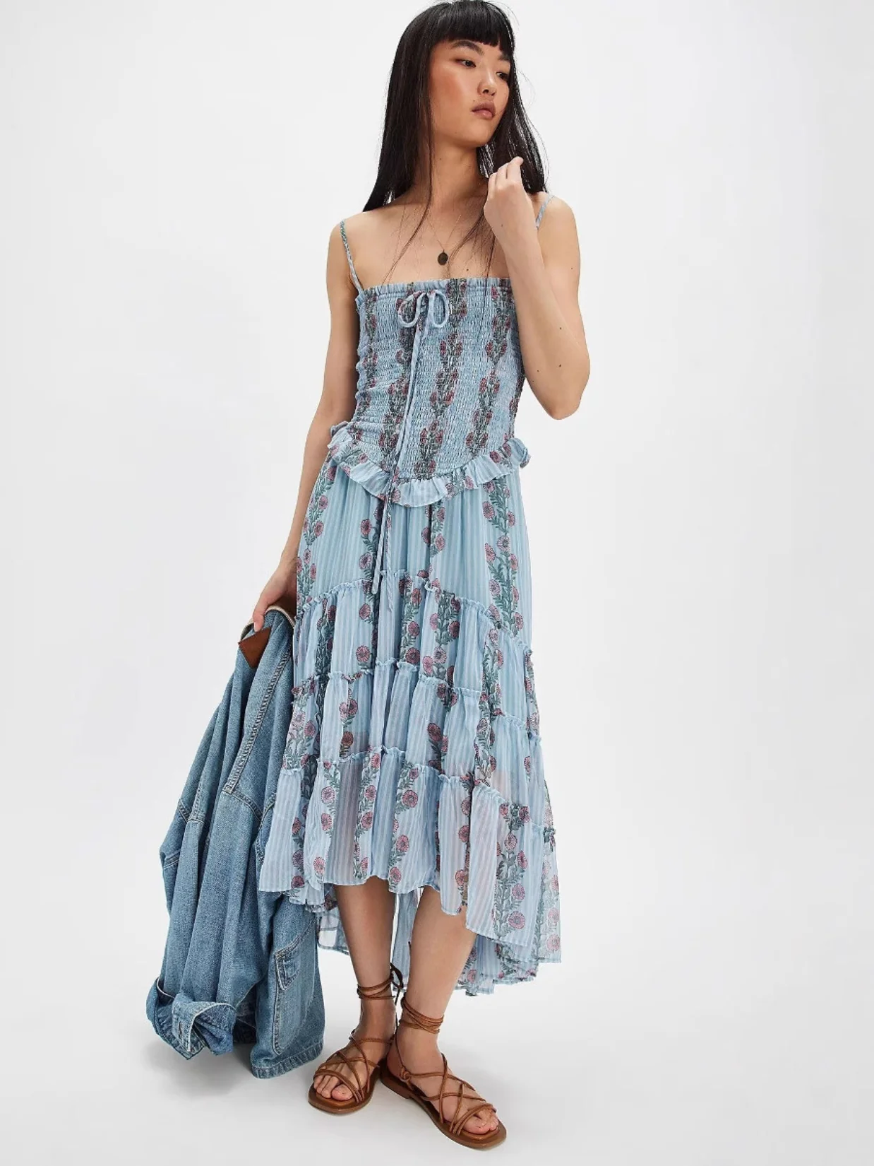 Simonah Floral Printed Tiered Midi Dress - blue