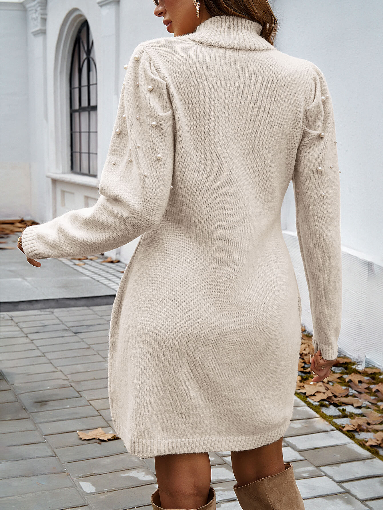 Simply Chic Pearl Embellished Mini Sweater Dress - Beige - Image 6