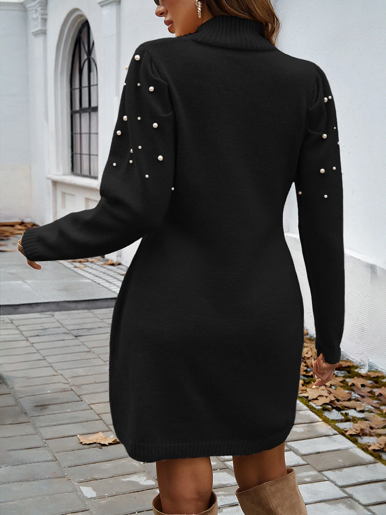 Simply Chic Pearl Embellished Mini Sweater Dress - Black - Image 6