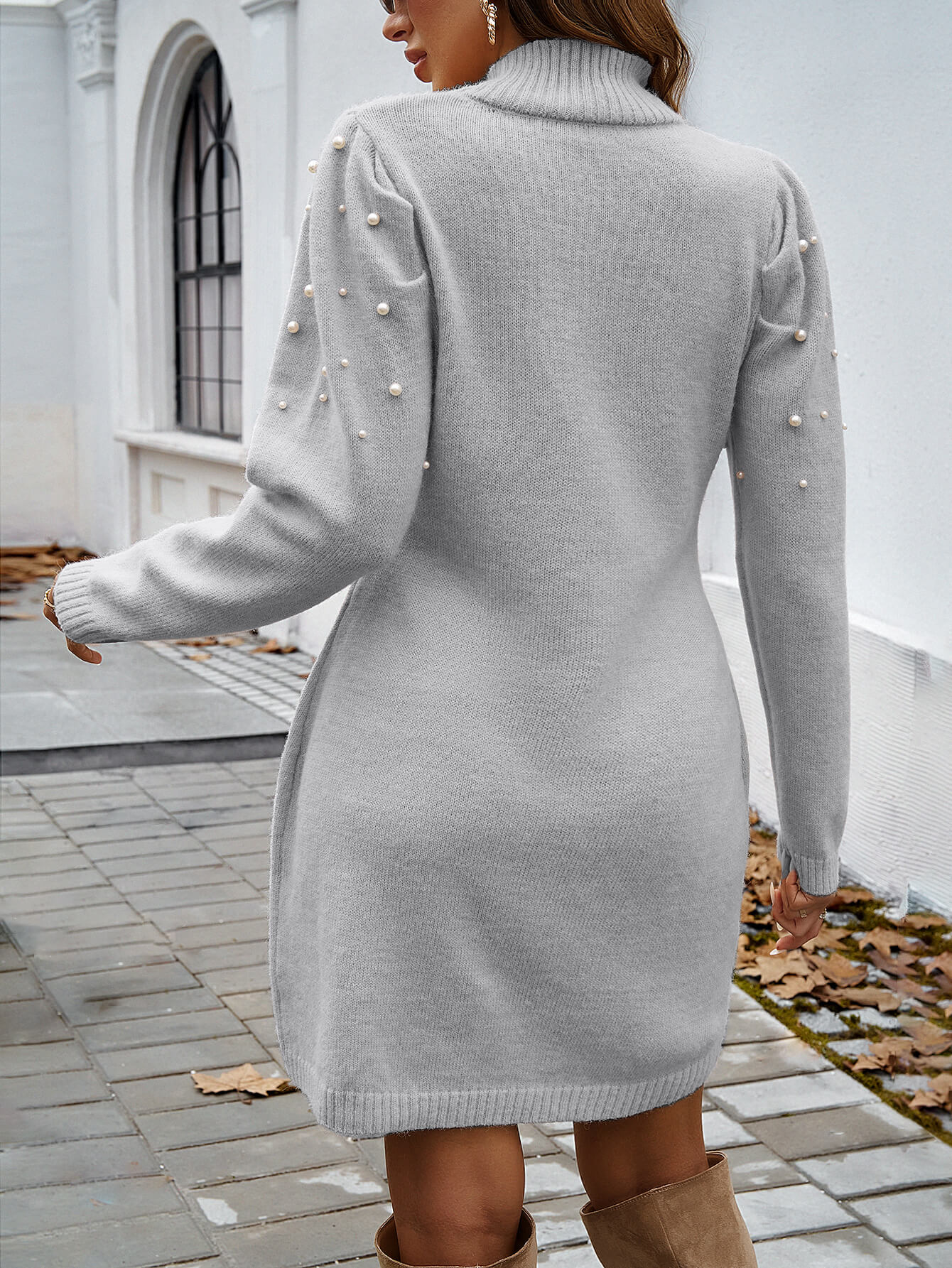 Simply Chic Pearl Embellished Mini Sweater Dress - Grey - Image 6
