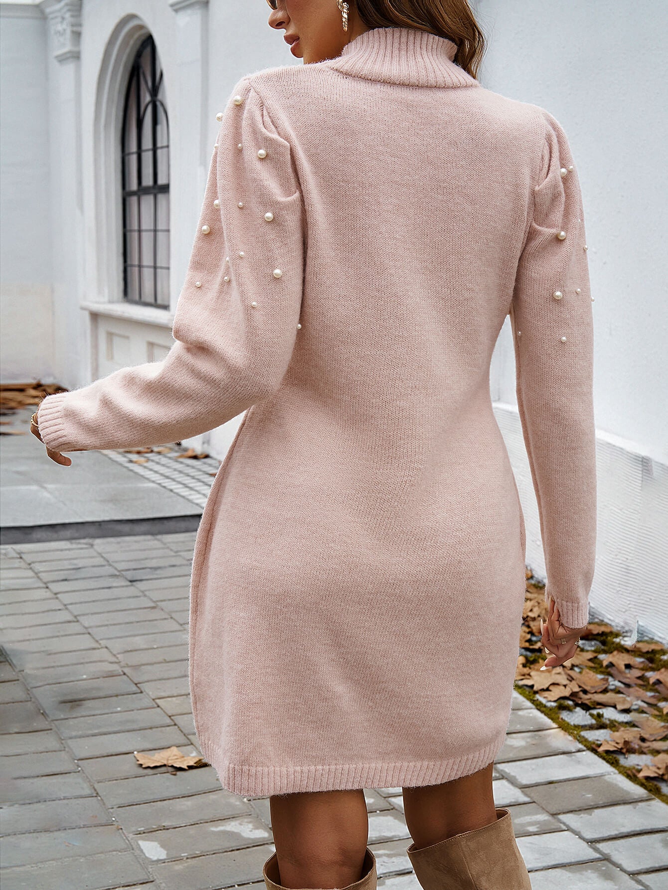 Simply Chic Pearl Embellished Mini Sweater Dress - Pink - Image 4