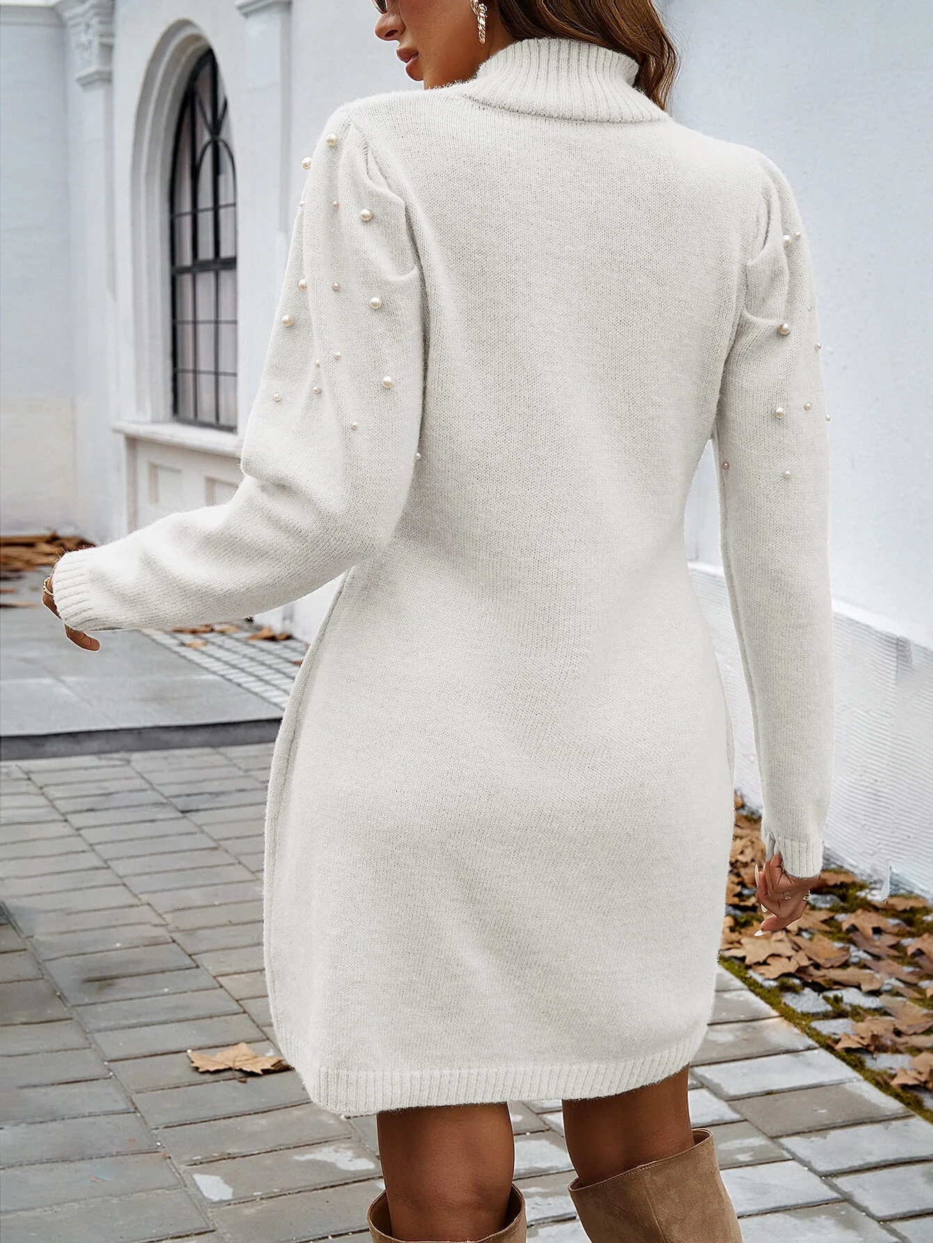 Simply Chic Pearl Embellished Mini Sweater Dress - White - Image 4