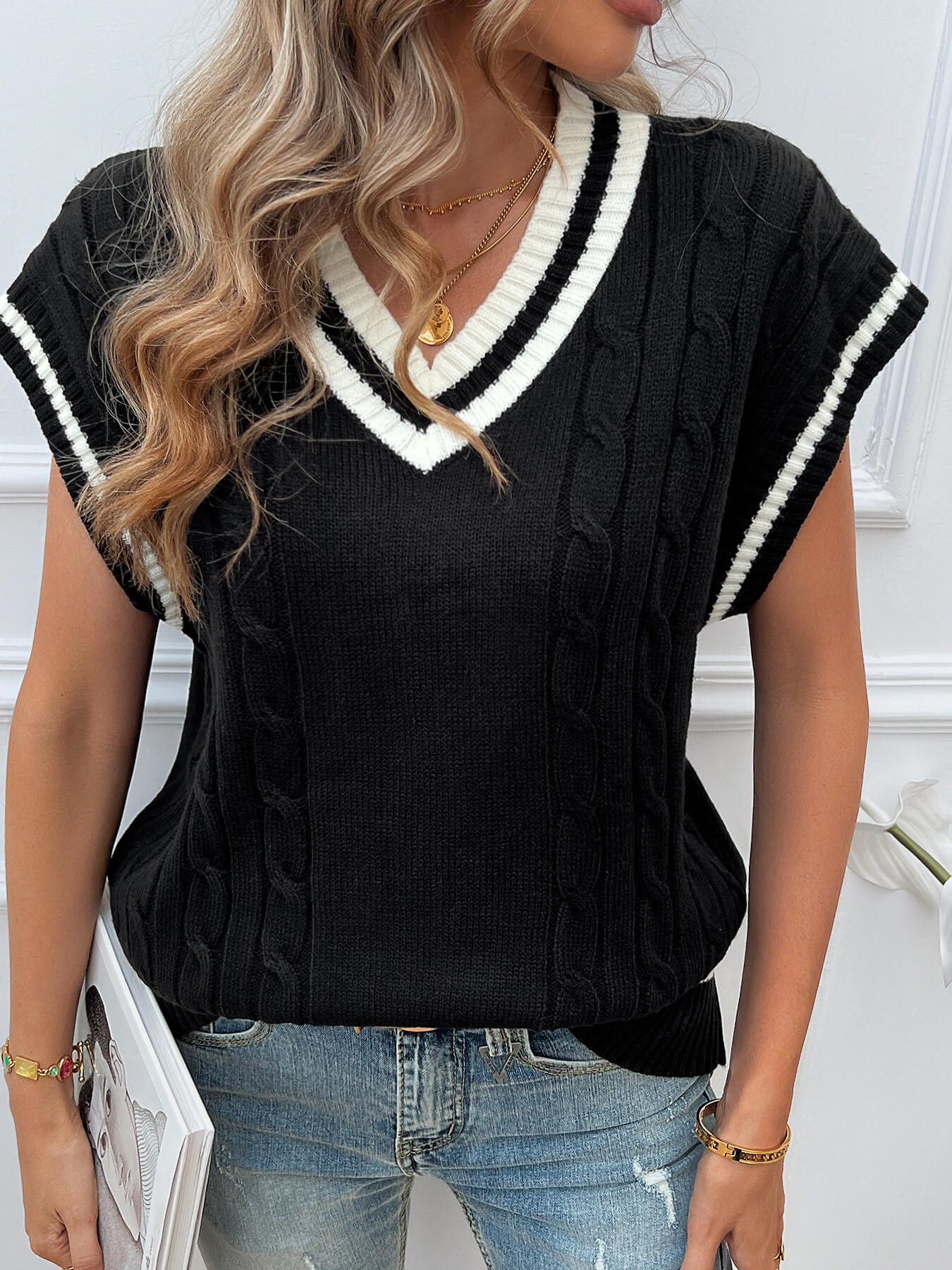 Sivan Cable Knit Sweater Vest - Black - Image 4