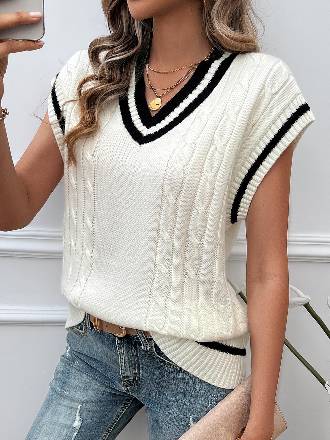 Sivan Cable Knit Sweater Vest - White - Image 2