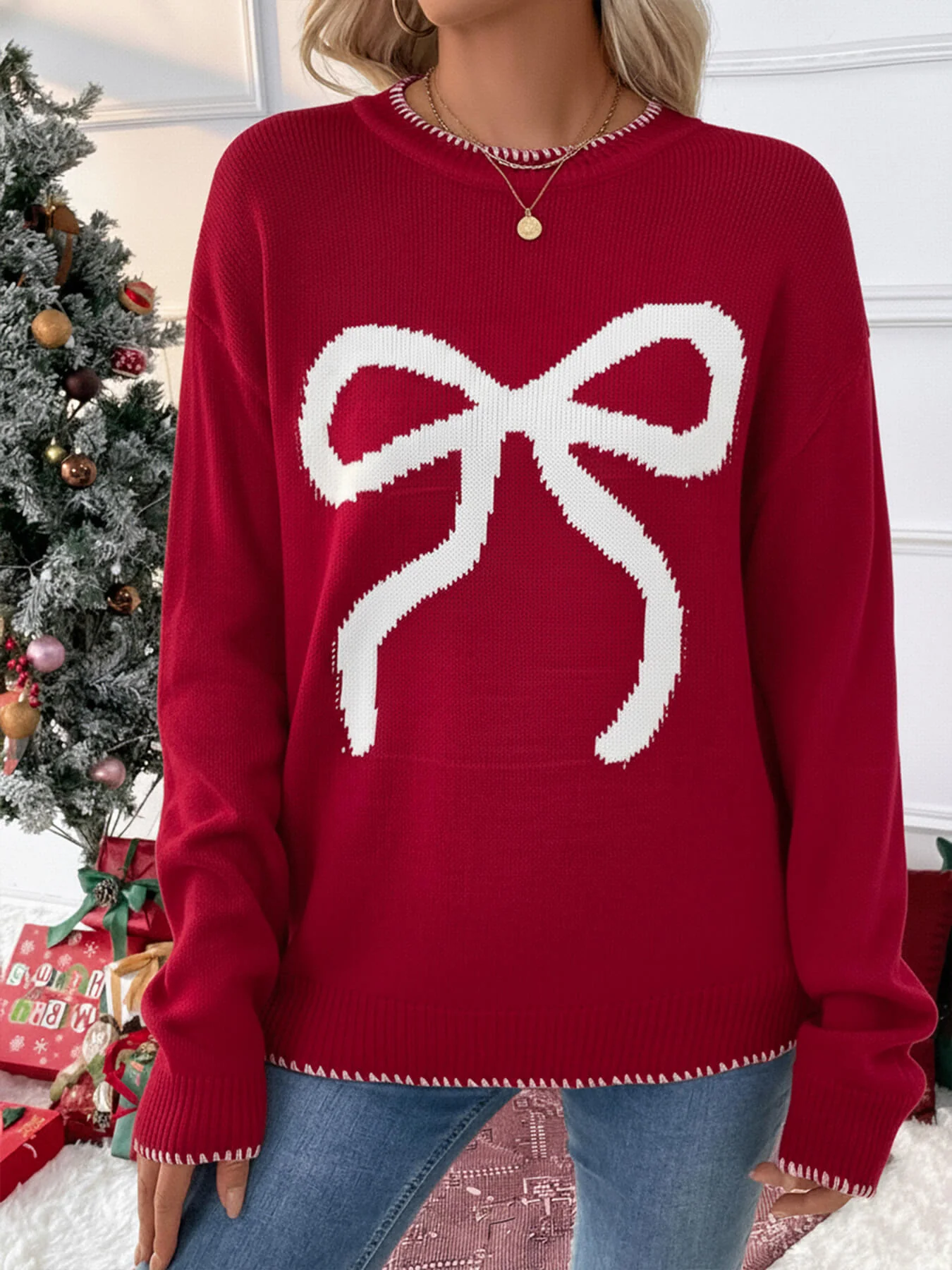 Sleigh Girl Gift Bow Graphic Sweater - red - Image 2