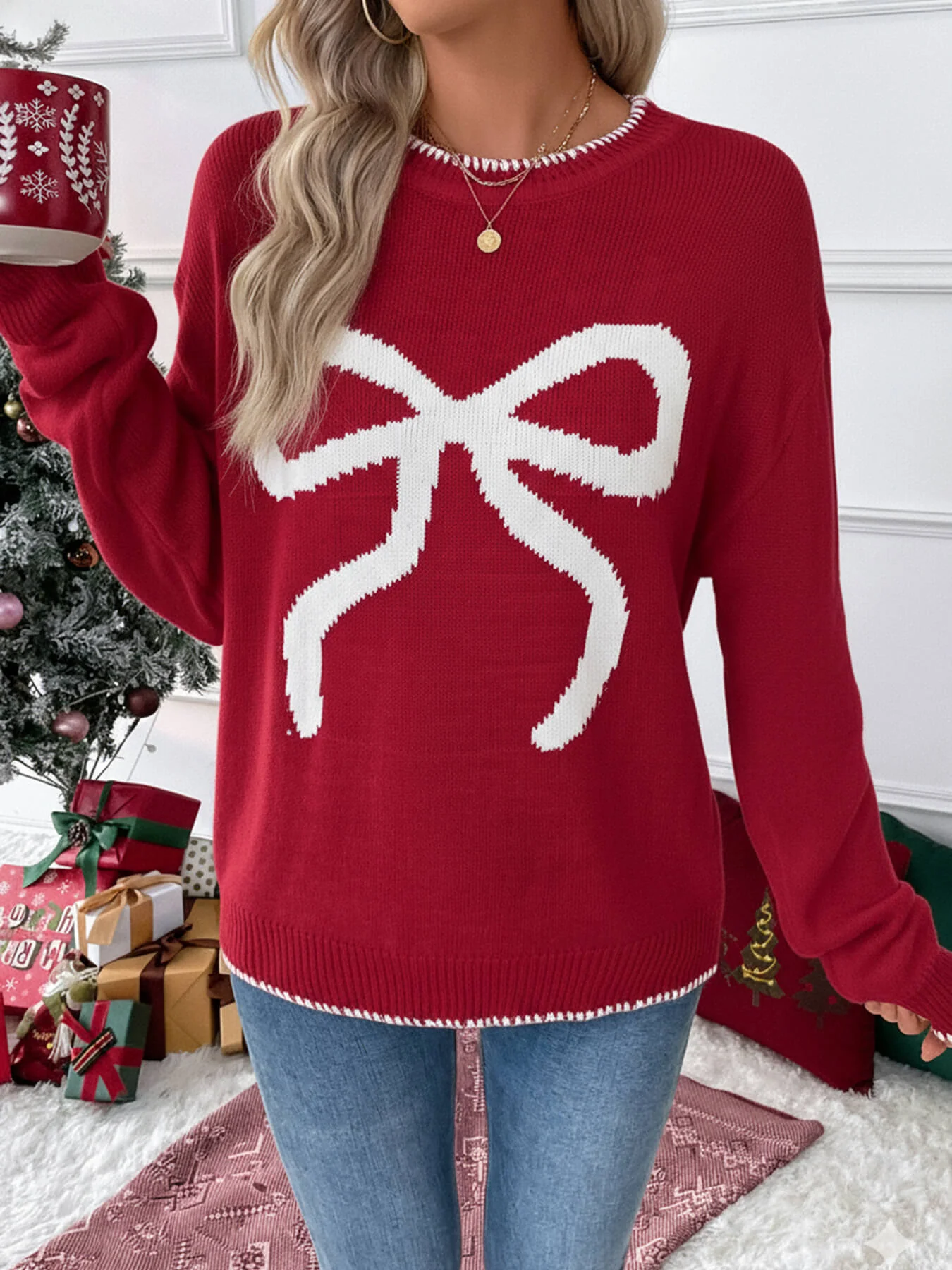 Sleigh Girl Gift Bow Graphic Sweater - red - Image 3
