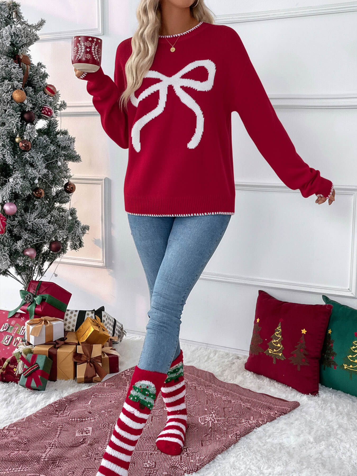 Sleigh Girl Gift Bow Graphic Sweater - red - Image 4