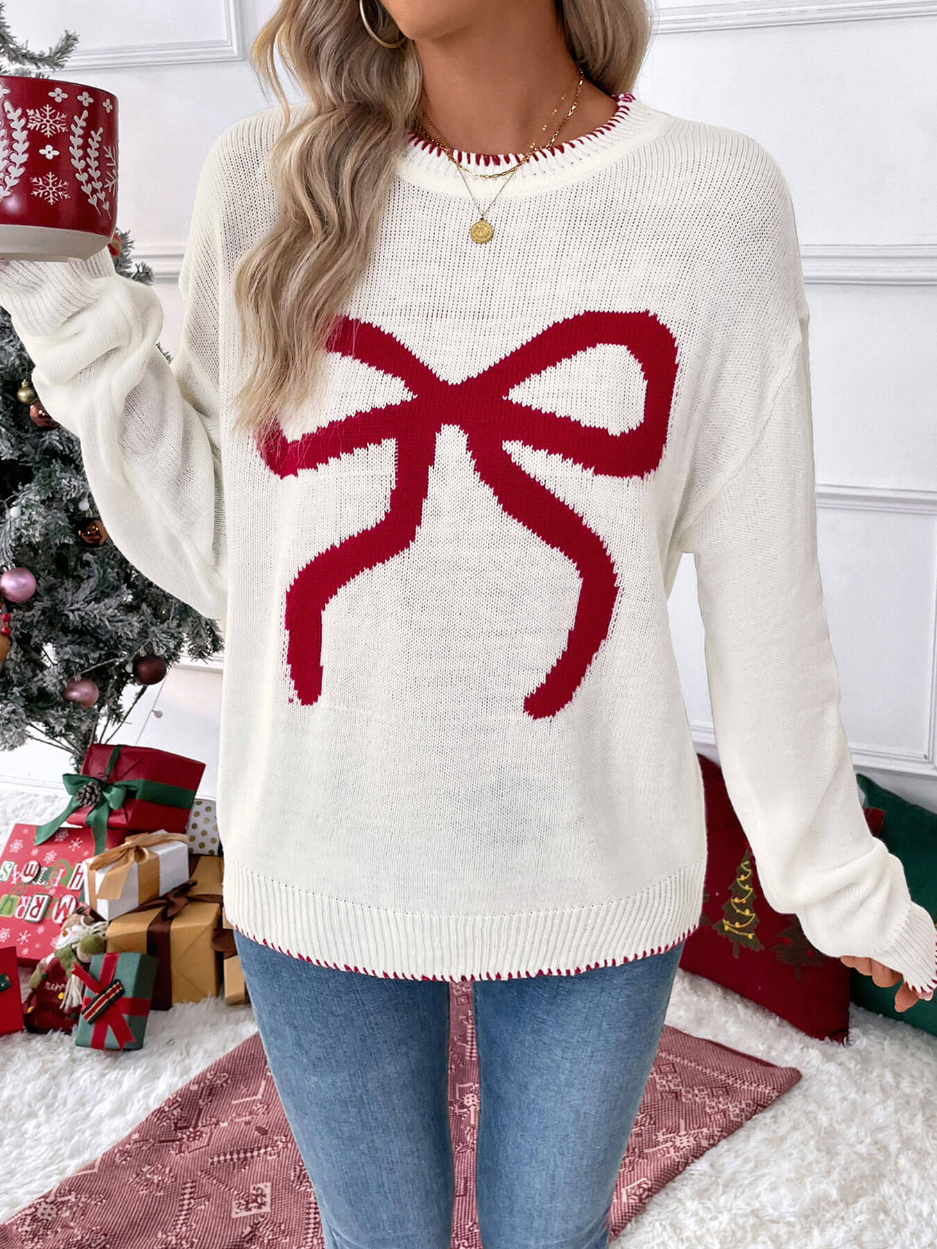 Sleigh Girl Gift Bow Graphic Sweater - white - Image 2