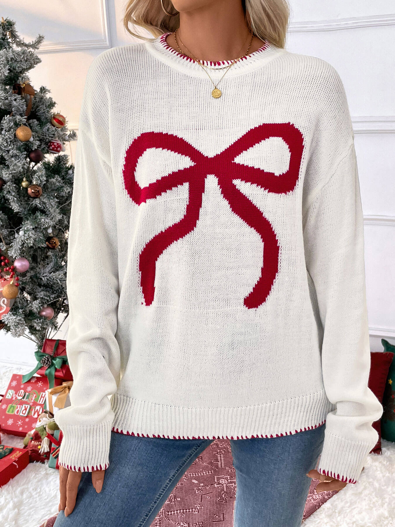 Sleigh Girl Gift Bow Graphic Sweater - white - Image 4