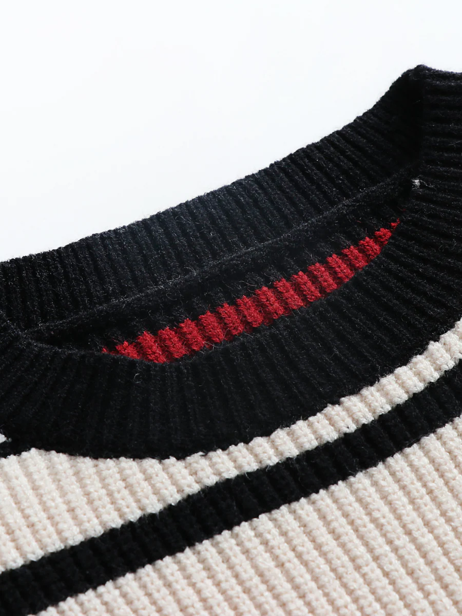 Smaibulun | Black White Red Stripe Crew Neck Knit Top - Image 3
