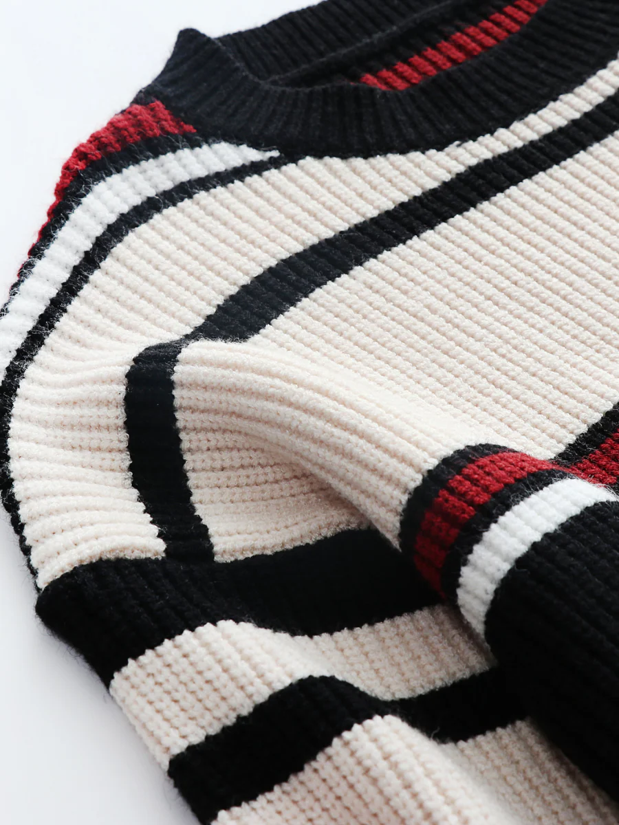 Smaibulun | Black White Red Stripe Crew Neck Knit Top - Image 4