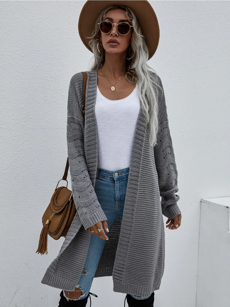 Smaibulun | Braid Open Knit Long Cardigan - Grey - Image 4