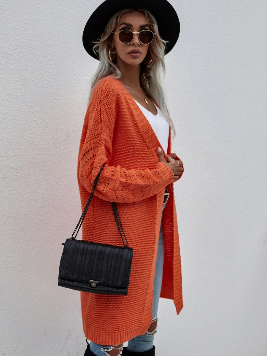 Braid Open Knit Long Cardigan - Orange - Image 3