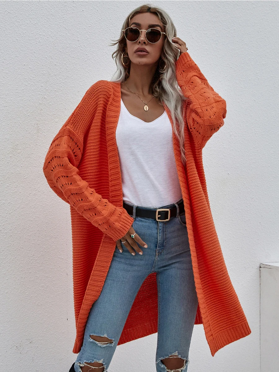 Braid Open Knit Long Cardigan - Orange - Image 5