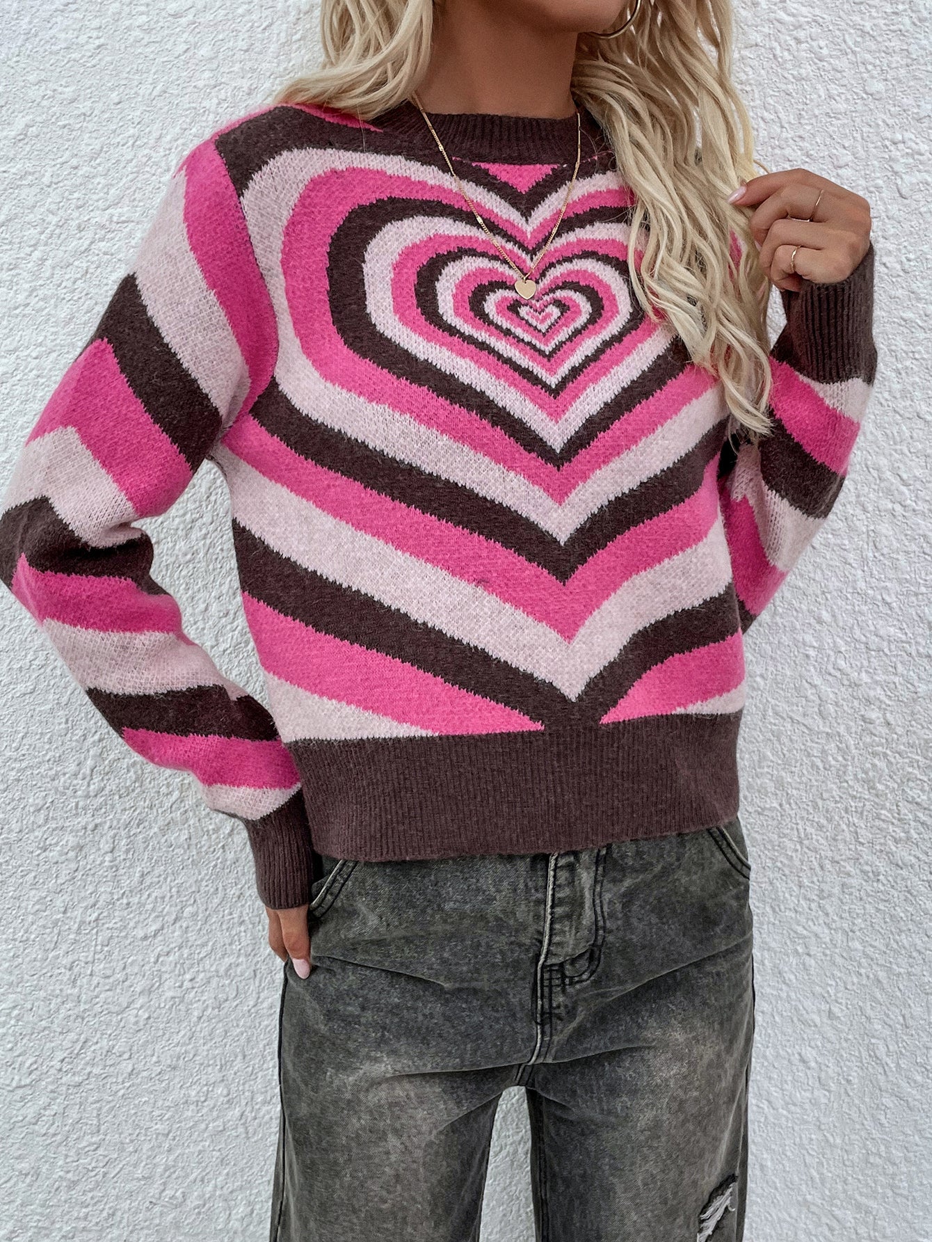 Smaibulun | Brown Pink Heart Ring Knit Top - Image 2