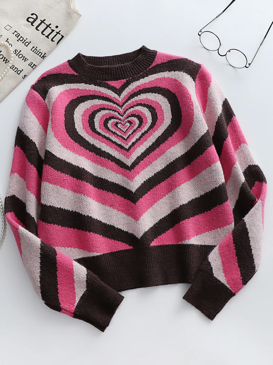 Smaibulun | Brown Pink Heart Ring Knit Top - Image 6