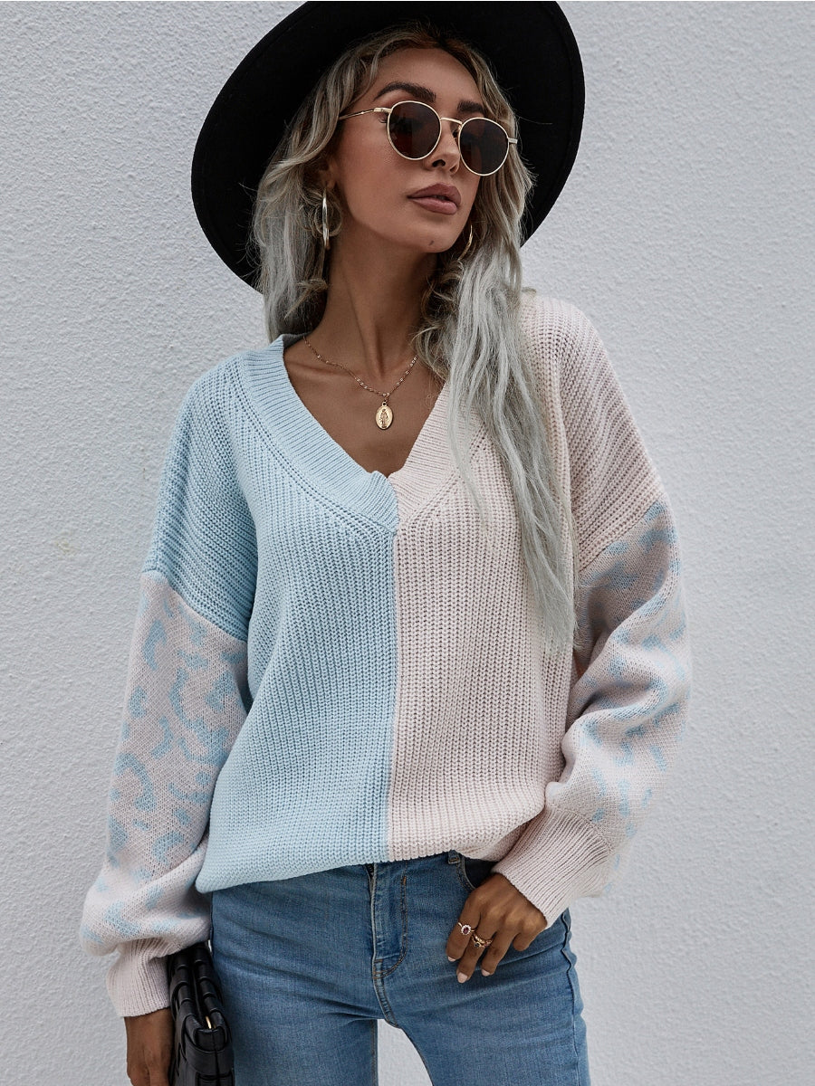 Smaibulun | Color-Block Lantern Sleeve Sweater - Blue & Beige Leopard - Image 3