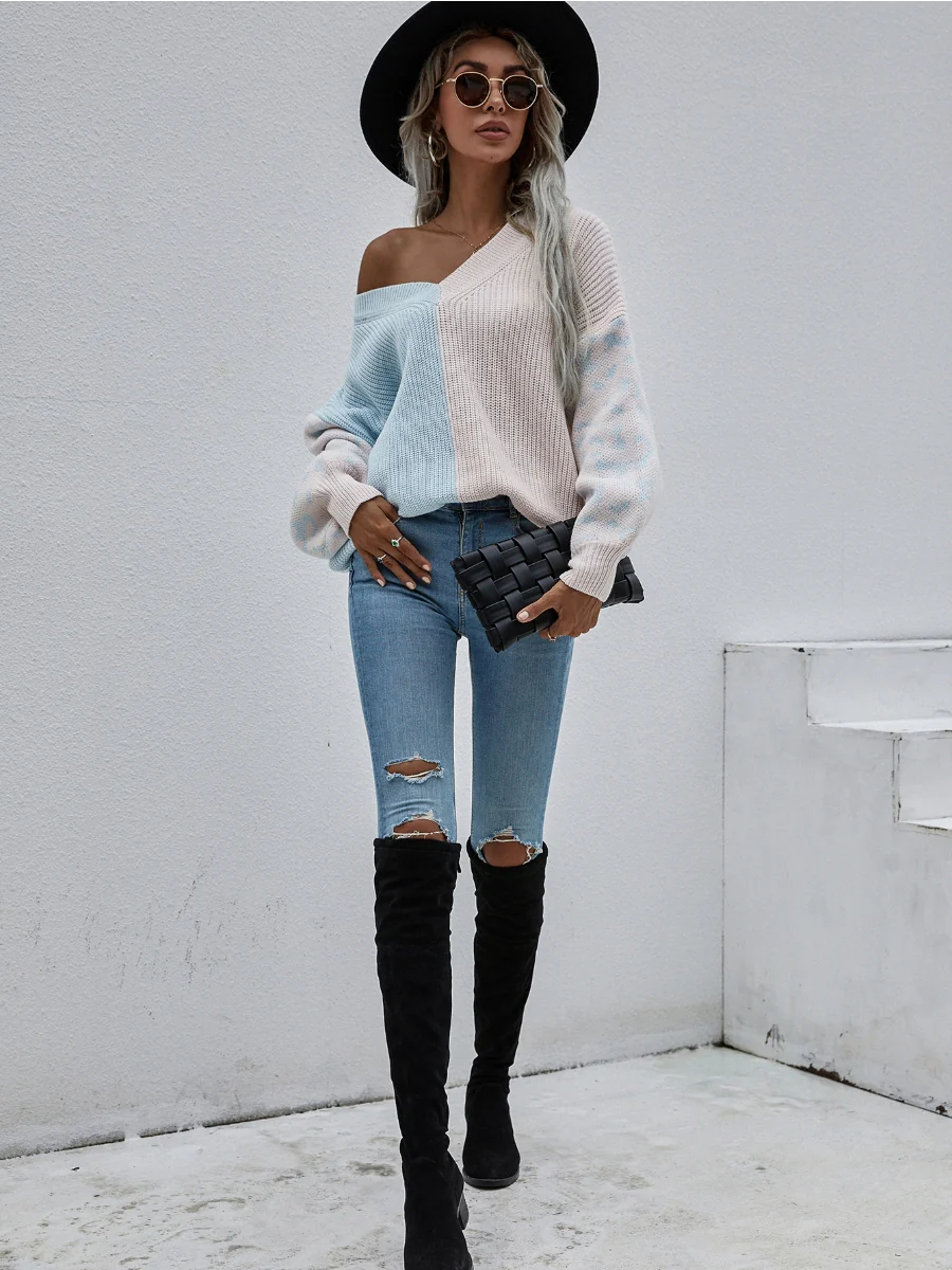 Smaibulun | Color-Block Lantern Sleeve Sweater - Blue & Beige Leopard - Image 4