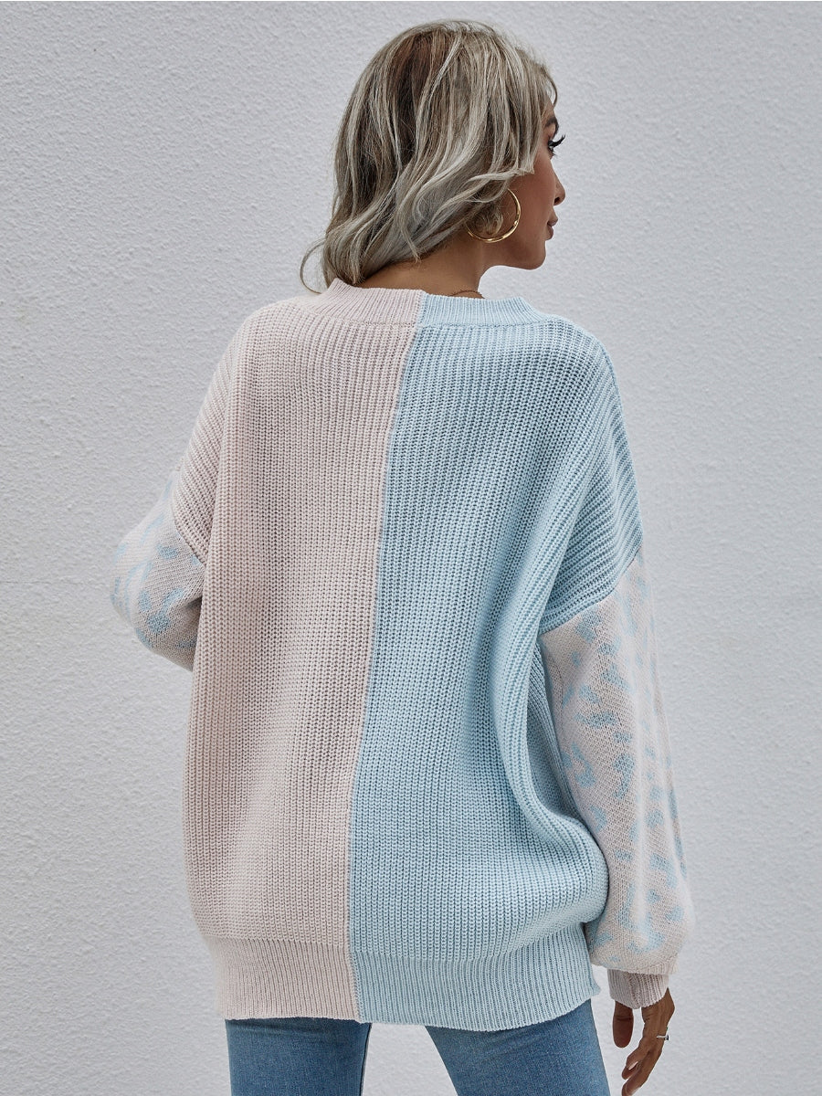 Smaibulun | Color-Block Lantern Sleeve Sweater - Blue & Beige Leopard - Image 6