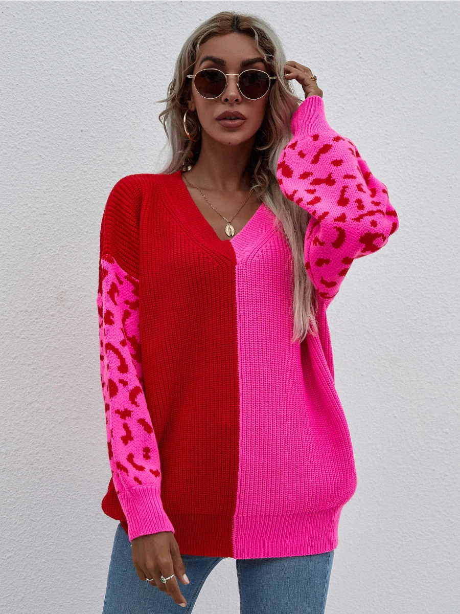 Smaibulun | Color-Block Lantern Sleeve Sweater - Fuchisa Leopard - Image 3