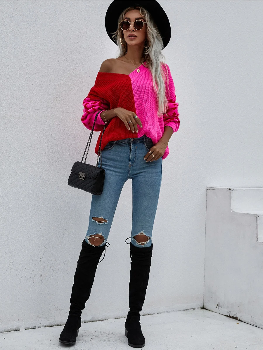 Smaibulun | Color-Block Lantern Sleeve Sweater - Fuchisa Leopard - Image 5