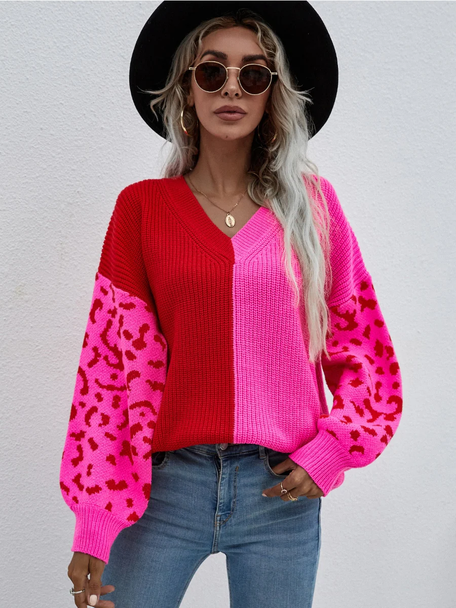Smaibulun | Color-Block Lantern Sleeve Sweater - Fuchisa Leopard - Image 6