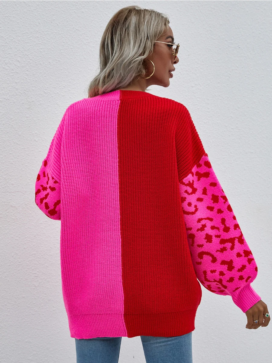 Smaibulun | Color-Block Lantern Sleeve Sweater - Fuchisa Leopard - Image 7