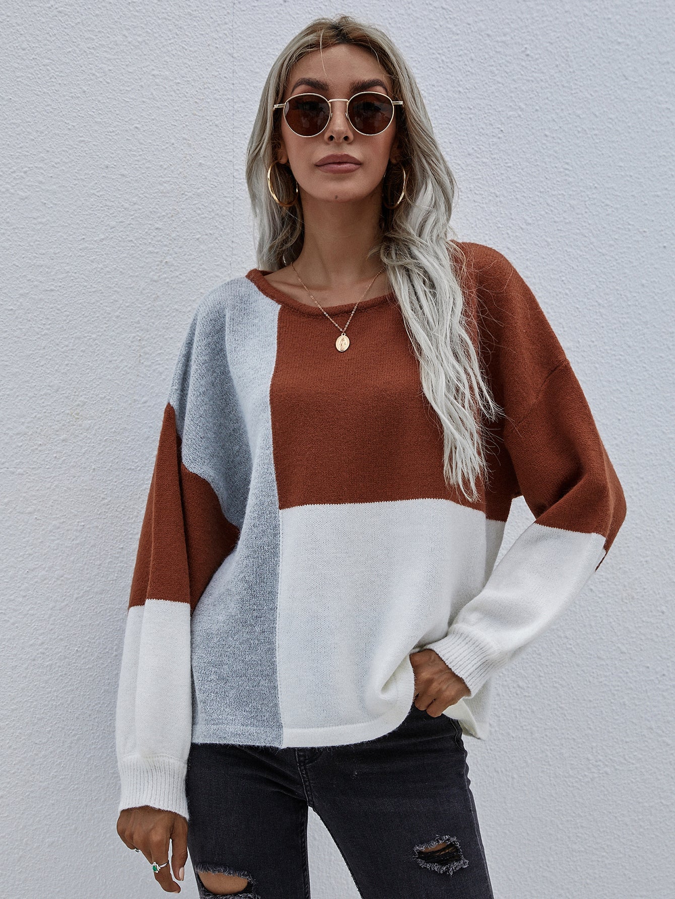 Smaibulun | Color Block Pattern Knit Sweater - Brown - Image 6