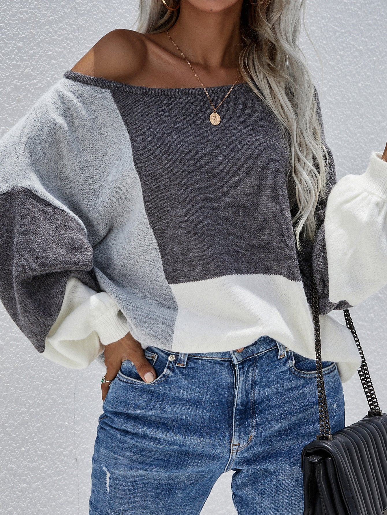 Smaibulun | Color Block Pattern Knit Sweater - Grey