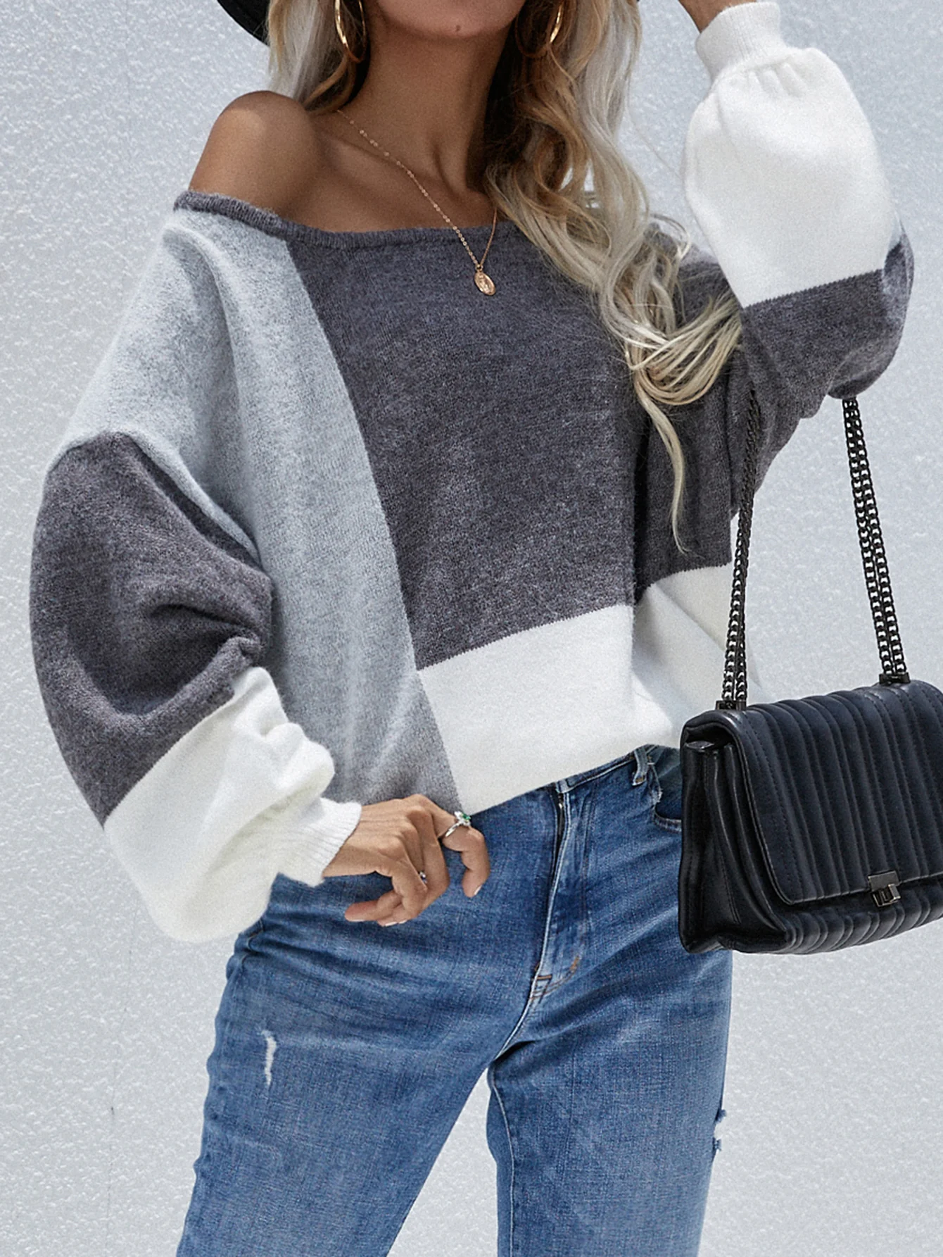Smaibulun | Color Block Pattern Knit Sweater - Grey - Image 2