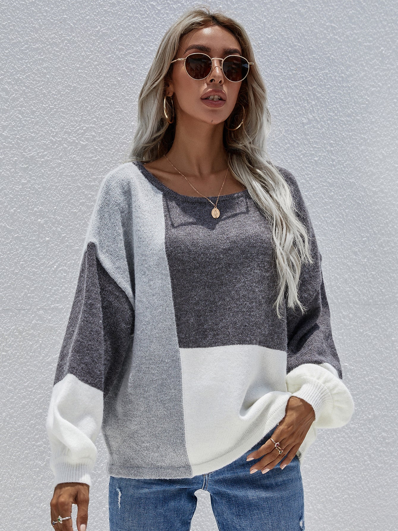 Smaibulun | Color Block Pattern Knit Sweater - Grey - Image 3