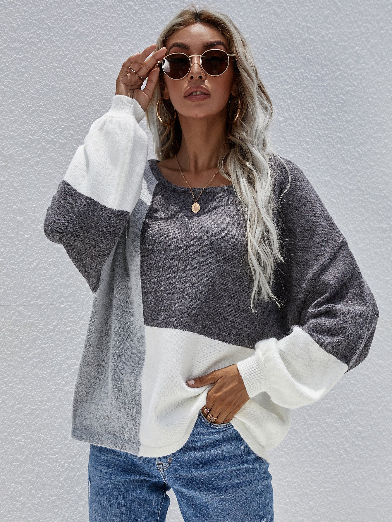 Smaibulun | Color Block Pattern Knit Sweater - Grey - Image 4