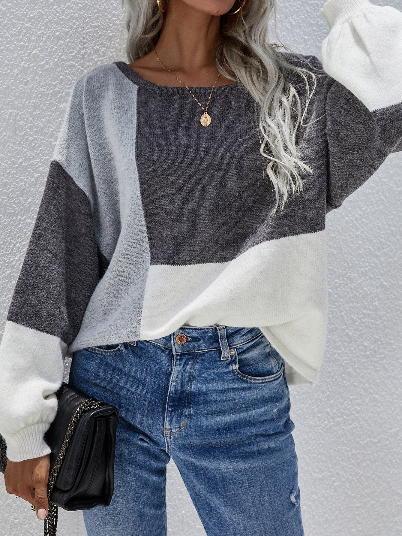 Smaibulun | Color Block Pattern Knit Sweater - Grey - Image 5