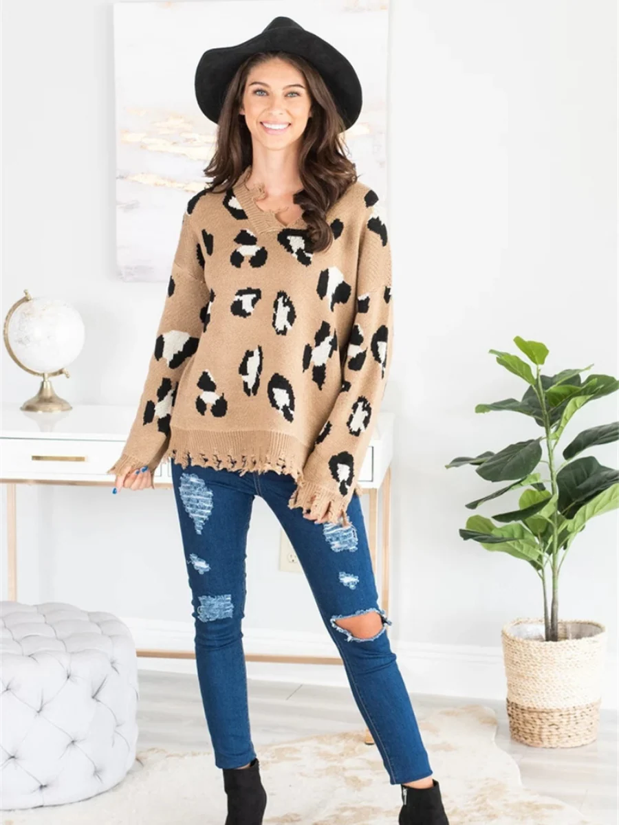 Smaibulun Doll | Cheetah V-Neck Ripped Collar & Sleeve Knit Pullover - Beige - Image 4