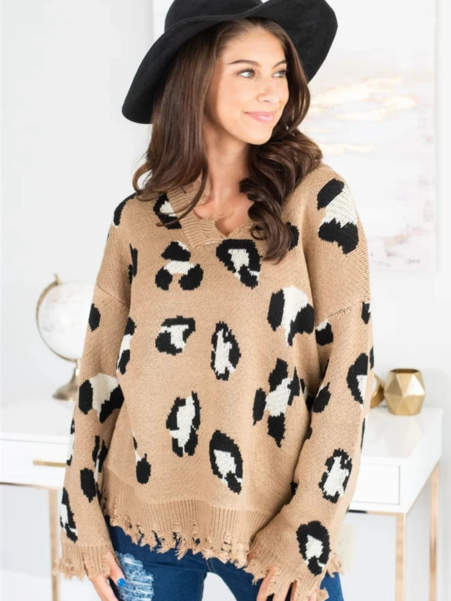 Smaibulun Doll | Cheetah V-Neck Ripped Collar & Sleeve Knit Pullover - Beige - Image 5