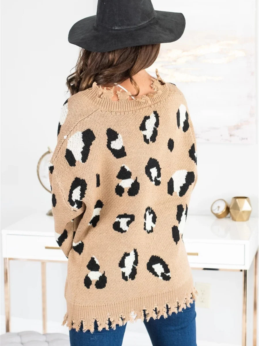 Smaibulun Doll | Cheetah V-Neck Ripped Collar & Sleeve Knit Pullover - Beige - Image 6