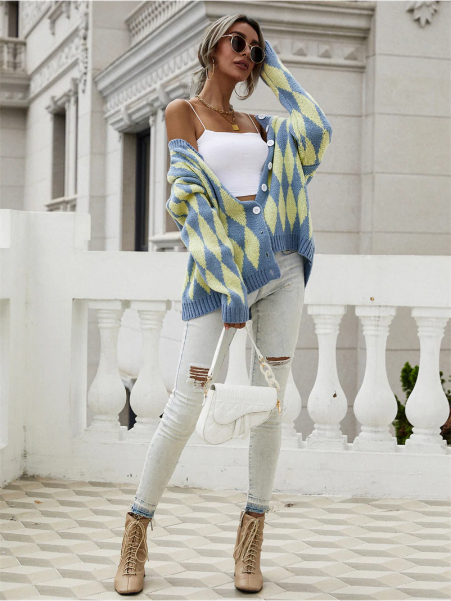 Smaibulun Doll | FELISE Chess Patterned Knit Cardigan - Blue - Image 4