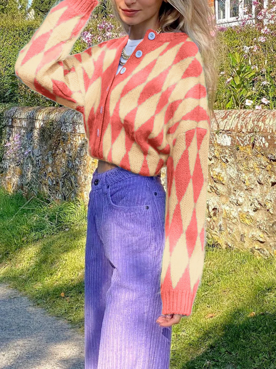 Smaibulun Doll | FELISE Chess Patterned Knit Cardigan - Orange - Image 2