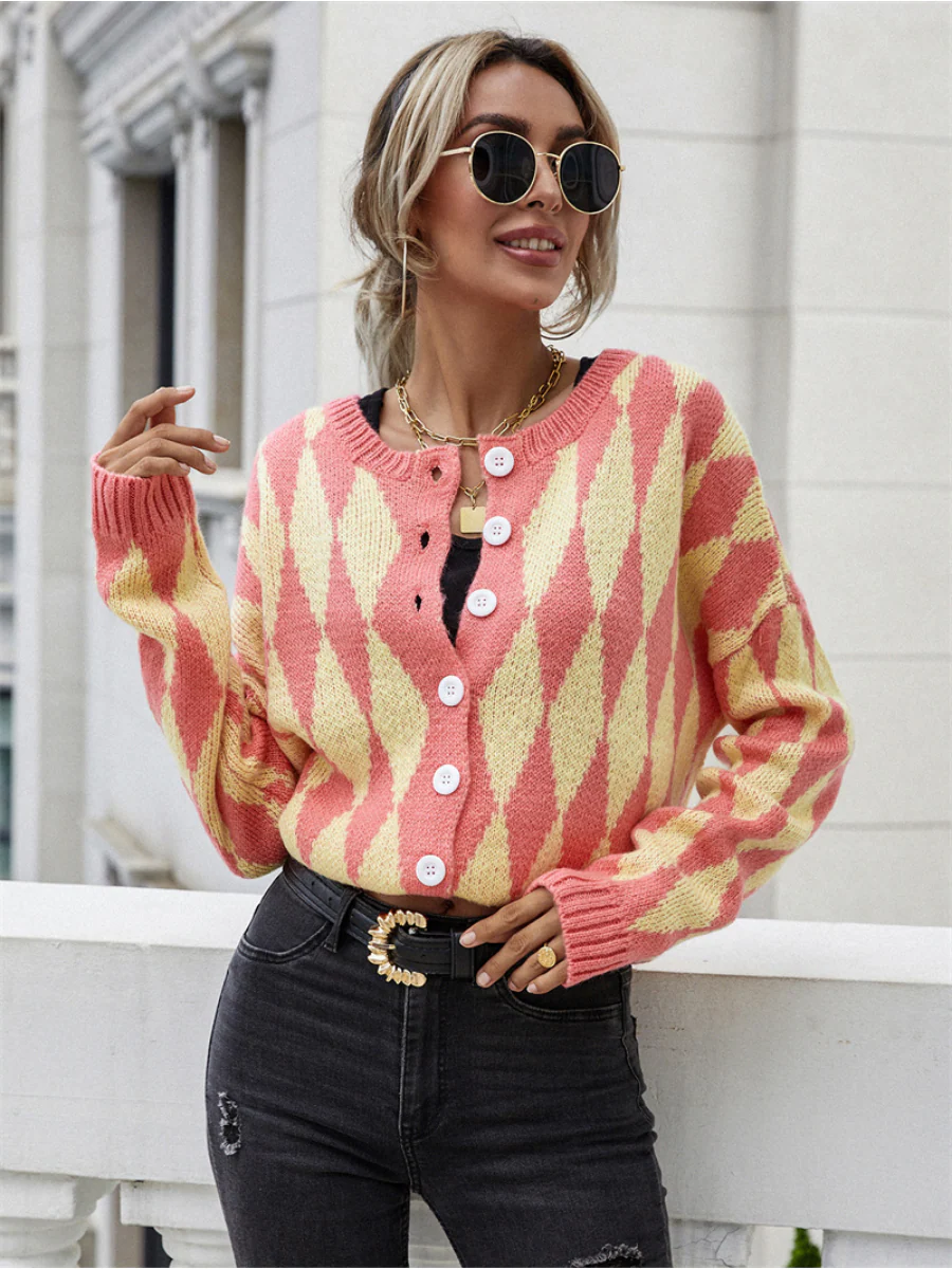 Smaibulun Doll | FELISE Chess Patterned Knit Cardigan - Orange - Image 3