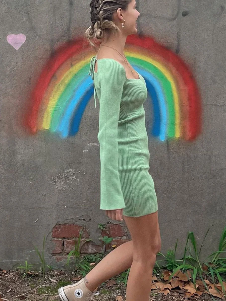 Smaibulun Doll | Low Neck Tie Open Back Knit Dress - Mint - Image 3