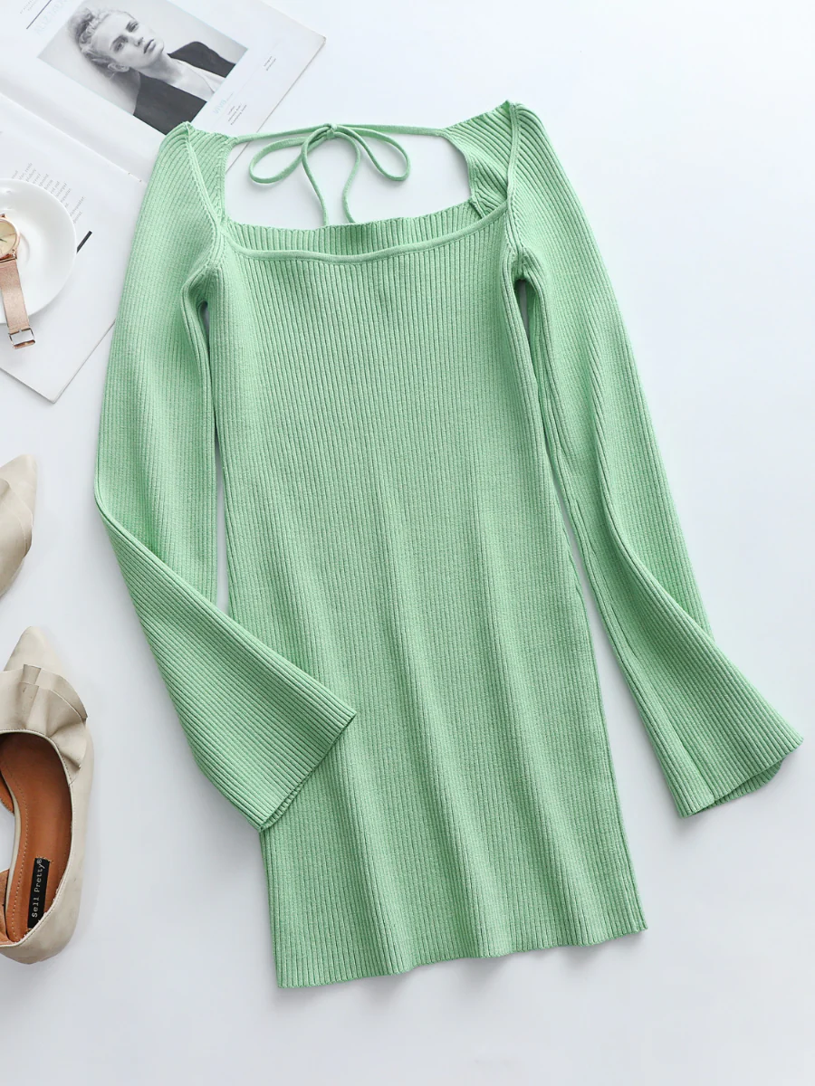 Smaibulun Doll | Low Neck Tie Open Back Knit Dress - Mint - Image 4