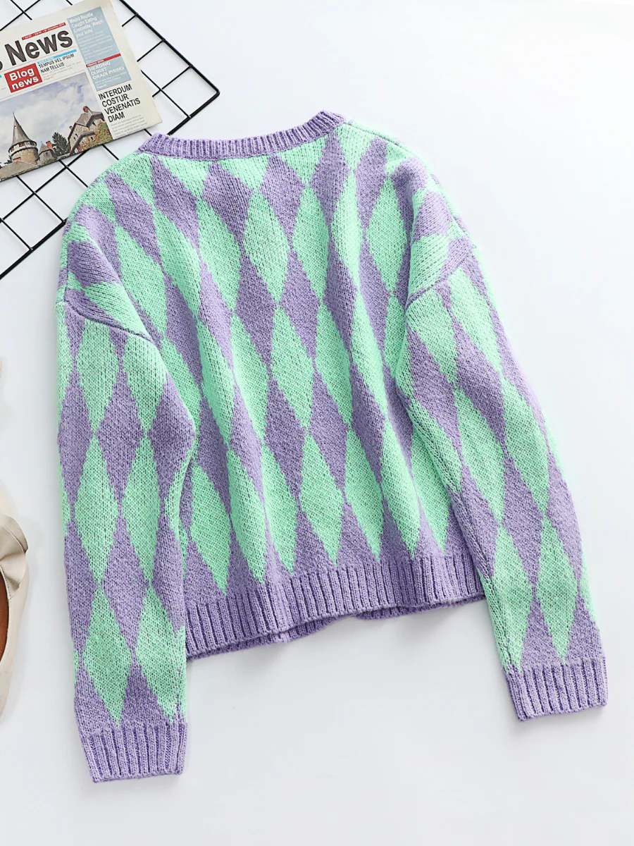 Smaibulun | FELISE Chess Patterned Knit Cardigan - Purple - Image 2