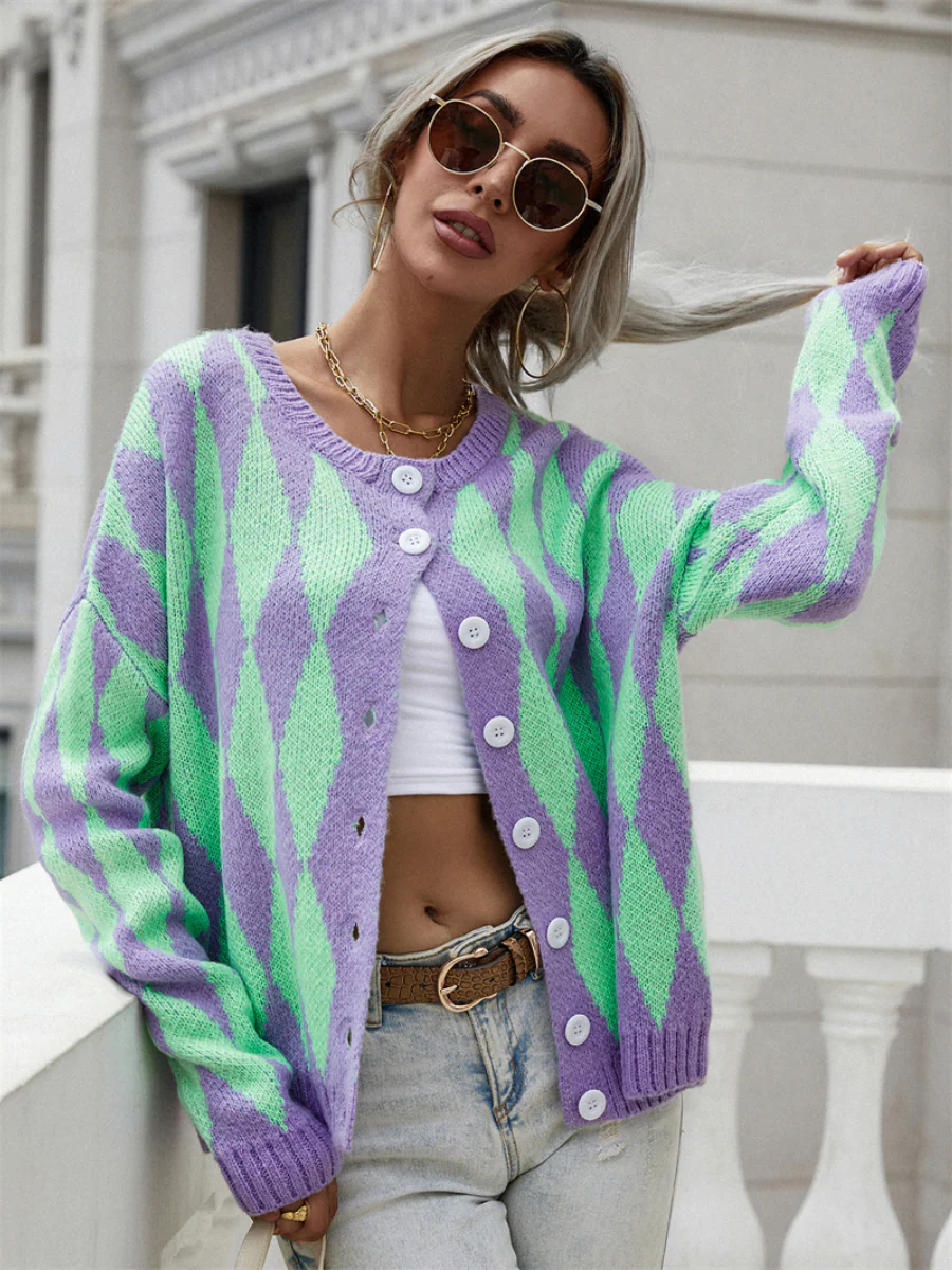 Smaibulun | FELISE Chess Patterned Knit Cardigan - Purple - Image 4