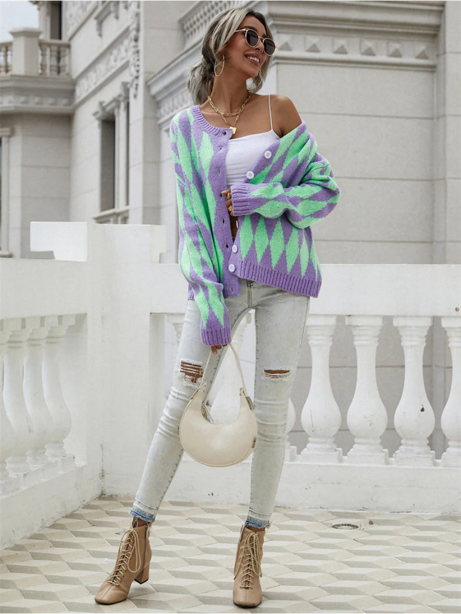 Smaibulun | FELISE Chess Patterned Knit Cardigan - Purple - Image 5