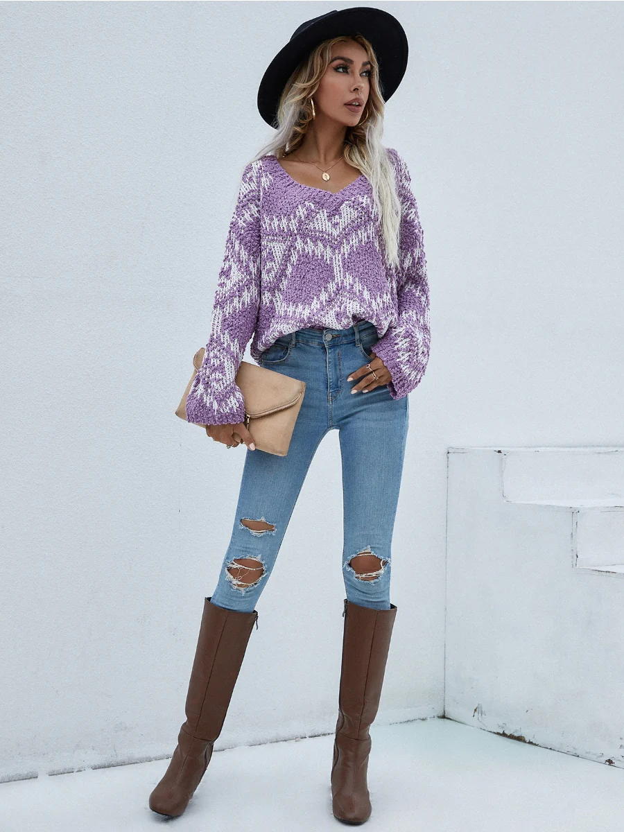 Smaibulun | Geometric Pattern Lantern Sleeve Sweater - Purple - Image 5