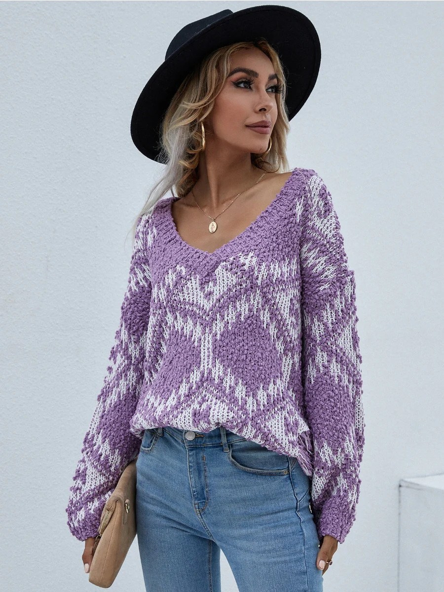 Smaibulun | Geometric Pattern Lantern Sleeve Sweater - Purple - Image 6