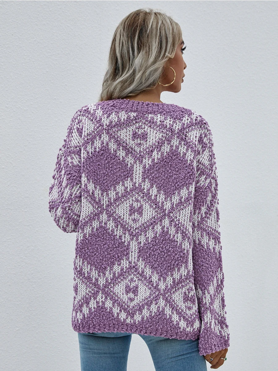 Smaibulun | Geometric Pattern Lantern Sleeve Sweater - Purple - Image 7