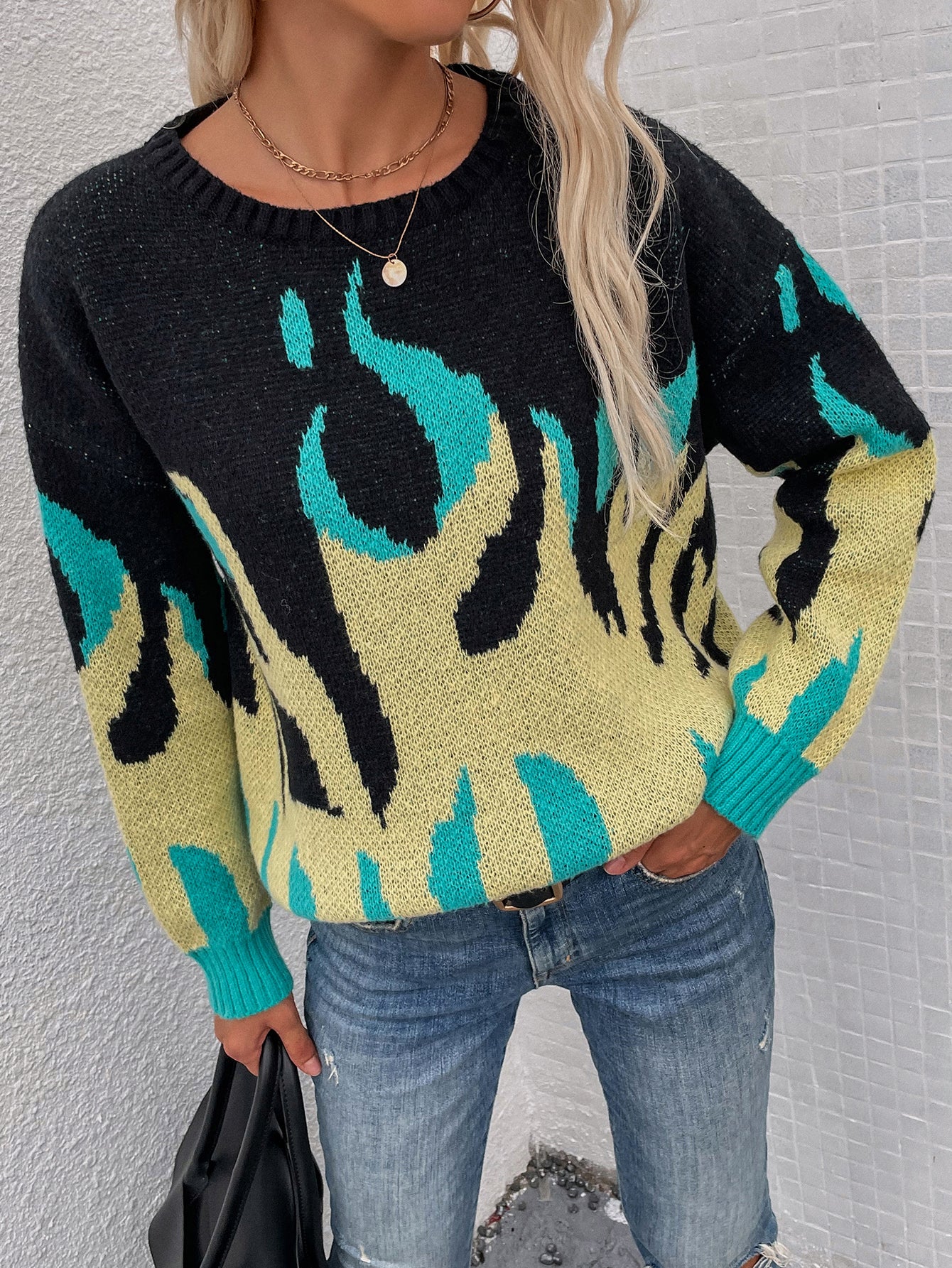 Smaibulun | Green Yellow Flame Black Knit Sweater - Image 3