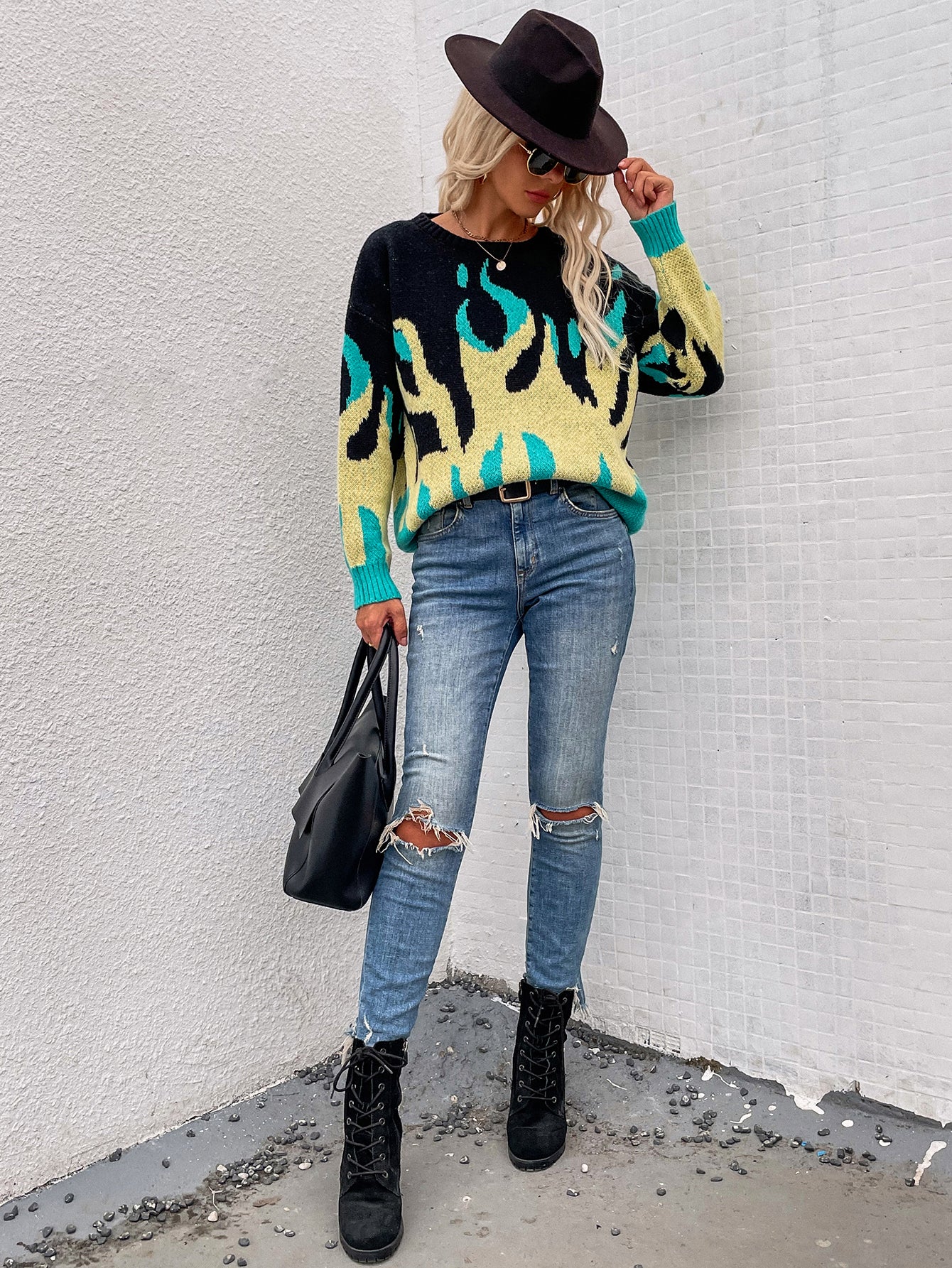Smaibulun | Green Yellow Flame Black Knit Sweater - Image 4
